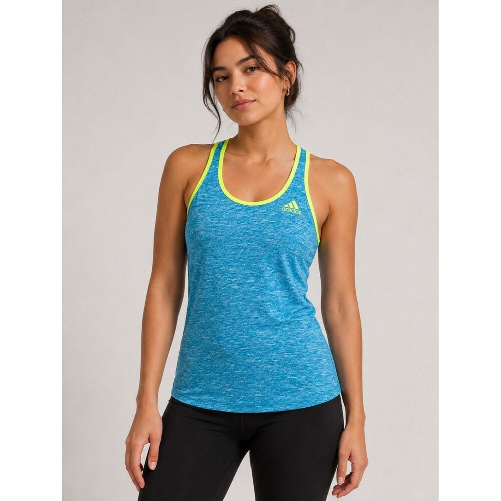 Adidas Blue Heather Racerback Tank with Neon Trim